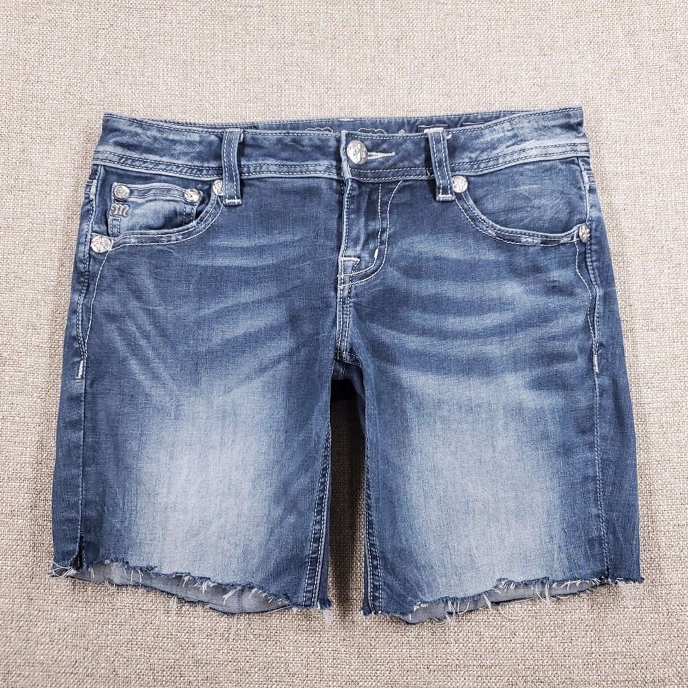 Miss Me Women Blue Denim Cutoff Shorts Medium Wash Low Rise Distressed Size 26‎